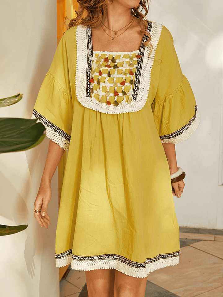 Women Bohemia Tassel Design Square Collar Midi Dress with Pocket - MRSLM