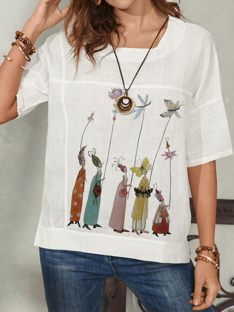 Women Cartoon Calico Figure Print round Neck Casual Loose Short Sleeve T-Shirts - MRSLM