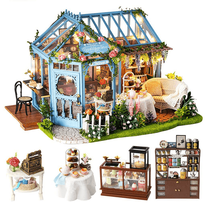 Cute Room Rose Garden Tea House DIY Handmade Assemble Doll House Kit Miniature Furniture Kit with Music & LED Effect Toy for Kids Birthday Xmas Gift House Decoration - MRSLM