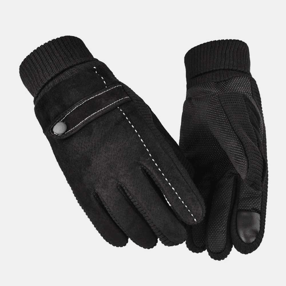 Men Leather plus Velvet Thick Screen Touchable Riding Driving Motorcycle Windproof Keep Warm Full-Finger Gloves - MRSLM