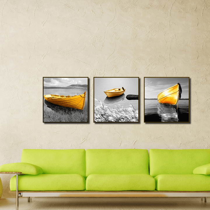 Miico Hand Painted Three Combination Decorative Paintings Yellow Boat Wall Art for Home Decoration - MRSLM