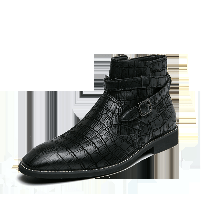 Men Fashion Comfy Embossed Leather Metal Buckle Strap Ankle Boots - MRSLM