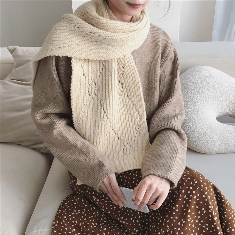 Pure Color Knitted Hollow Thick Warm Scarf - MRSLM