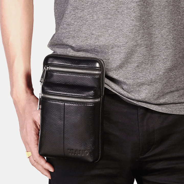 Men Genuine Leather Belt Bag Casual Crossbody Bag Shoulder Bag - MRSLM