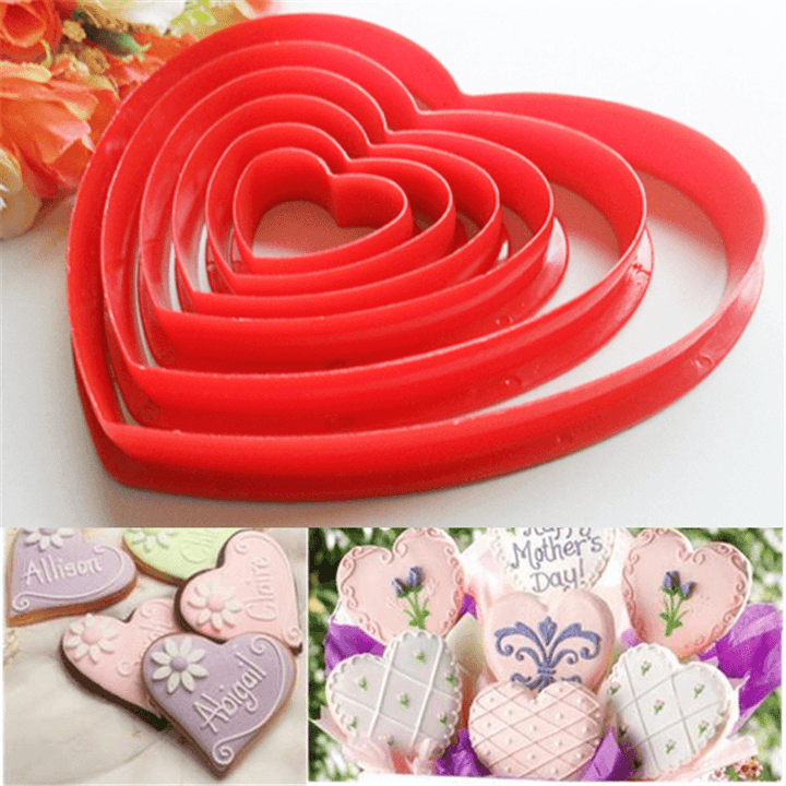 6Pcs/Set Heart Shaped Plastic Cake Mold Cookie Cutter Biscuit Stamp Sugarcraft Cake Decorations - MRSLM
