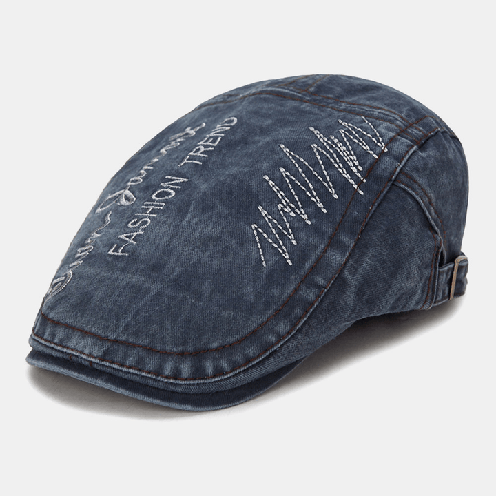 Men Letter Embroidery Distressed Washed Beret Cap Retro Short Brim Casual Suncreen Flat Hat Forward Cap Cabbie Hat - MRSLM