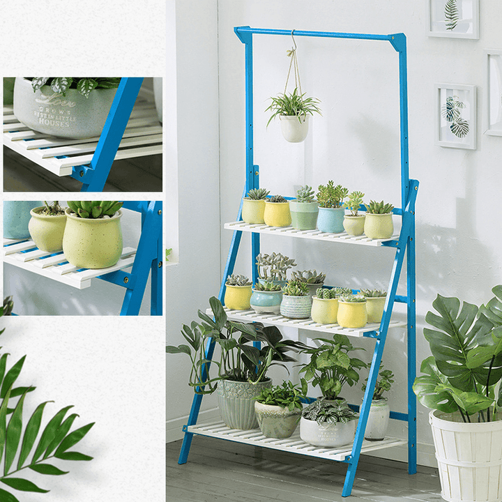 Plant Stand Flower Pot Display Multi-Layer Shelf with Hanging Rod Plants Rack Holder Organizer - MRSLM