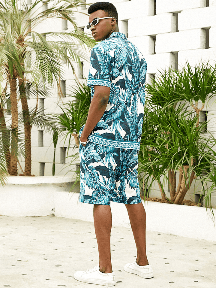 Mens Revere Collar Tropical Leaf Pattern Baroque Two Piece Outfits - MRSLM