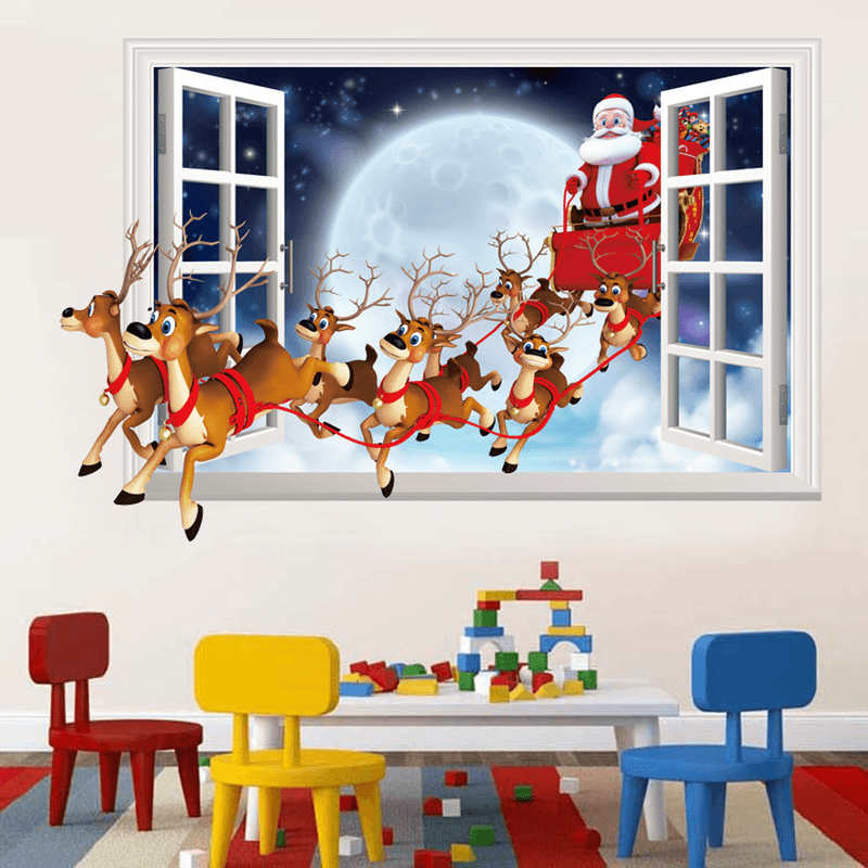 Miico XH7229 Christmas Sticker Cartoon Christmas Deer Santa 3D Wall Art Stickers Removable - MRSLM