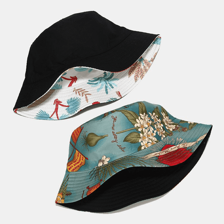 Women Double-Sided Summer UV Protection Marine Plant Pattern Casual Simple Sun Hat Bucket Hat - MRSLM