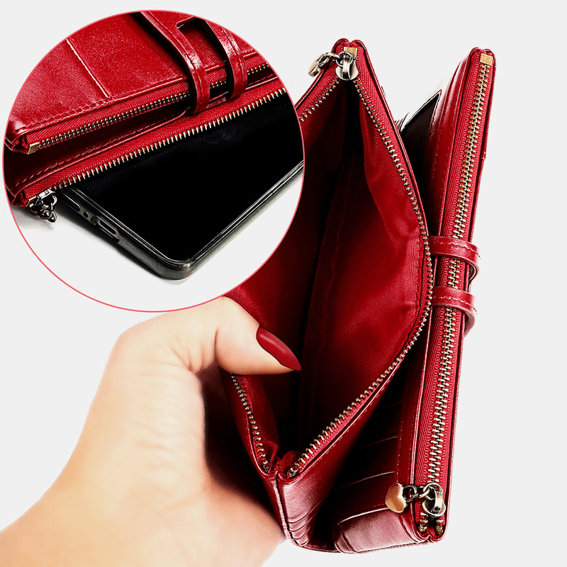 Women Genuine Leather Rfid Antimagnetic Multi-Slots 14 Card Slots Zipper Bifold Long Wallet - MRSLM