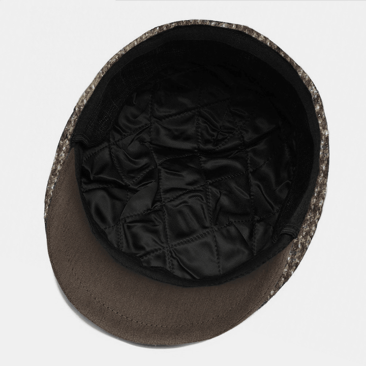 Collrown Men Knitted Pinstripe Plaid Twill Fabric Hat Brim Vintage Warmth Octagonal Hat Flat Cap - MRSLM