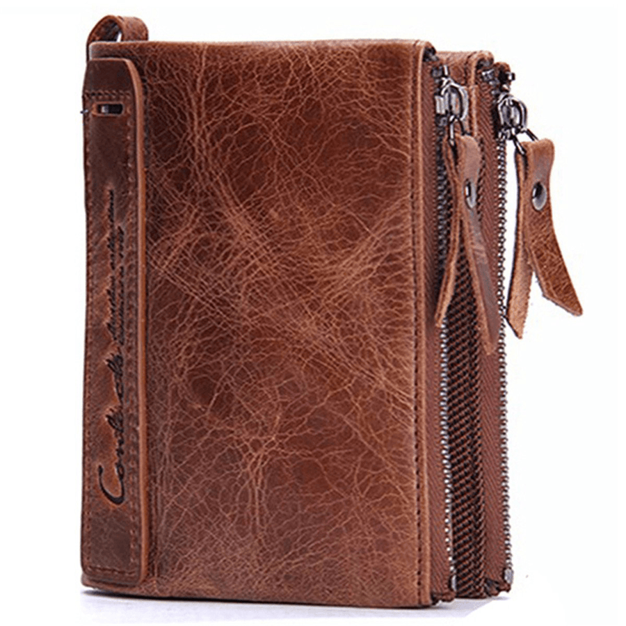 Men Genuine Leather Bifold Hasp Multi-Card Slot Card Holder Retro Double Zipper Pocket Coin Purse Short Money Clip Wallet - MRSLM