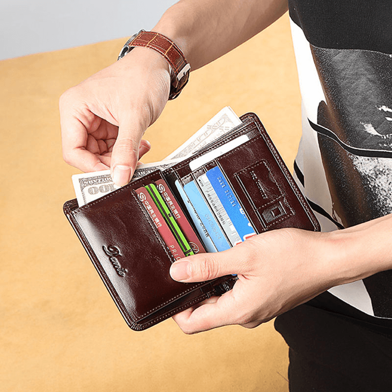 Men Genuine Leather Retro Bifold Thick RFID Anti-Theft Card Holder Coin Purse Money Clip Cowhide Wallet - MRSLM