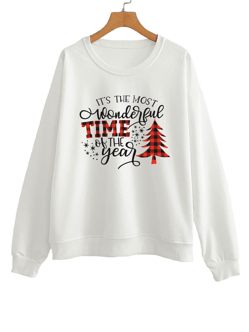 Women Christmas Letter Print O-Neck Drop Shoulder Loose Pullover Sweatshirts - MRSLM