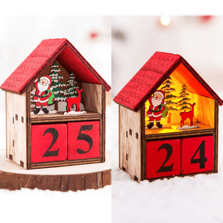 Christmas Advent Calendar LED Light up Wood House Santa Claus Snowman Home Decoration - MRSLM