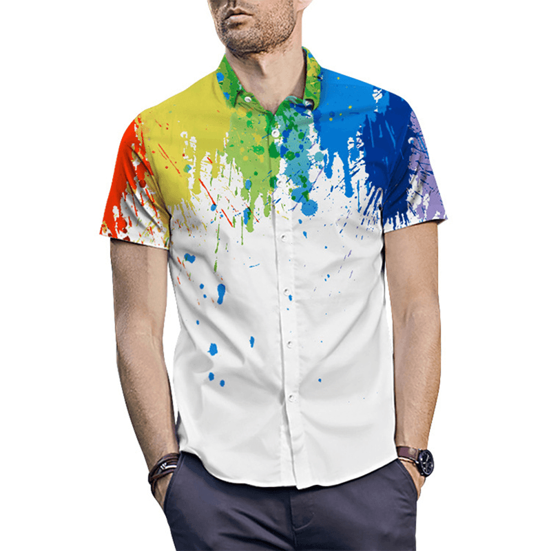 Mens Splash Ink Watercolor Print Short Sleeve Beach Party Business Casual Shirts - MRSLM