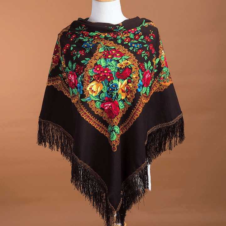 Large Square Scarf Shawl with Ethnic Print Tassels to Keep Warm - MRSLM