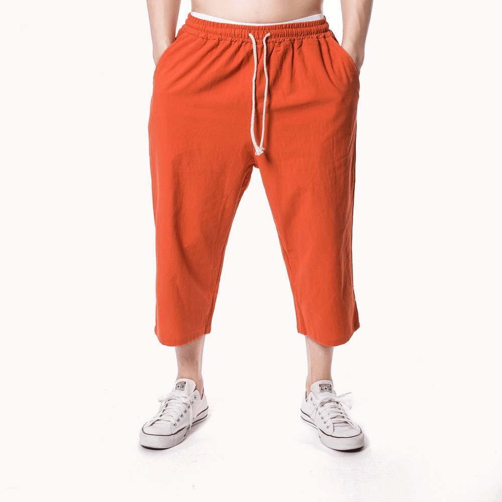 Mens Linen Solid Color Drawstring Casual Pants - MRSLM