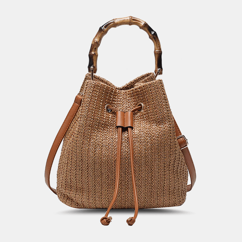 Women Solid Color String Casual Straw Bag Handbag Shoulder Bag Crossbody Bags Bucket Bag - MRSLM