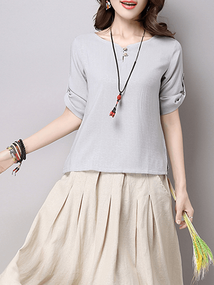 Vintage Women Button Loose Split Hem T-Shirts - MRSLM