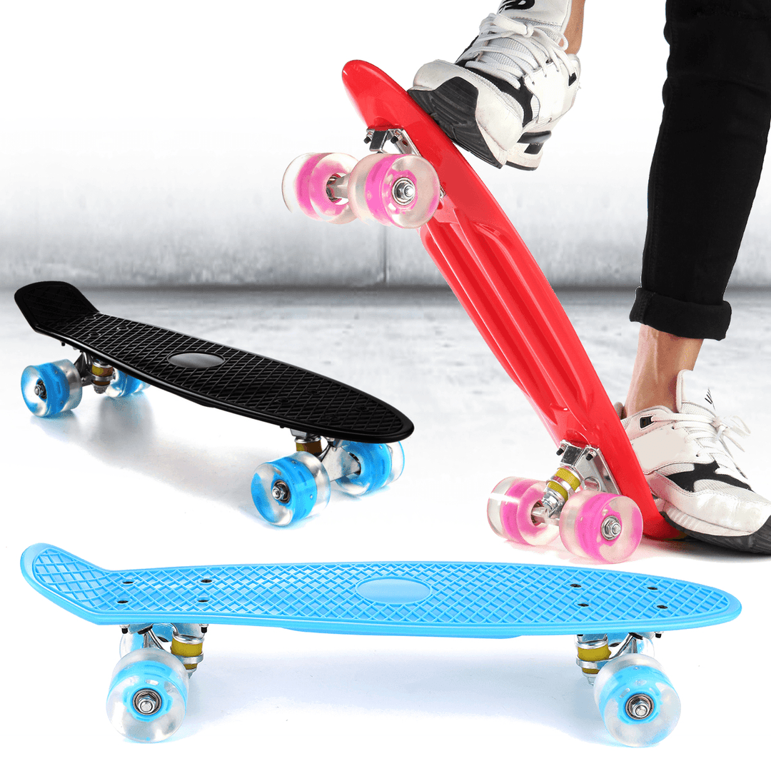 22'' LED Light up Fish Skateboard 4 PU Wheel Single Warping Board Teenagers Kids Skateboard - MRSLM