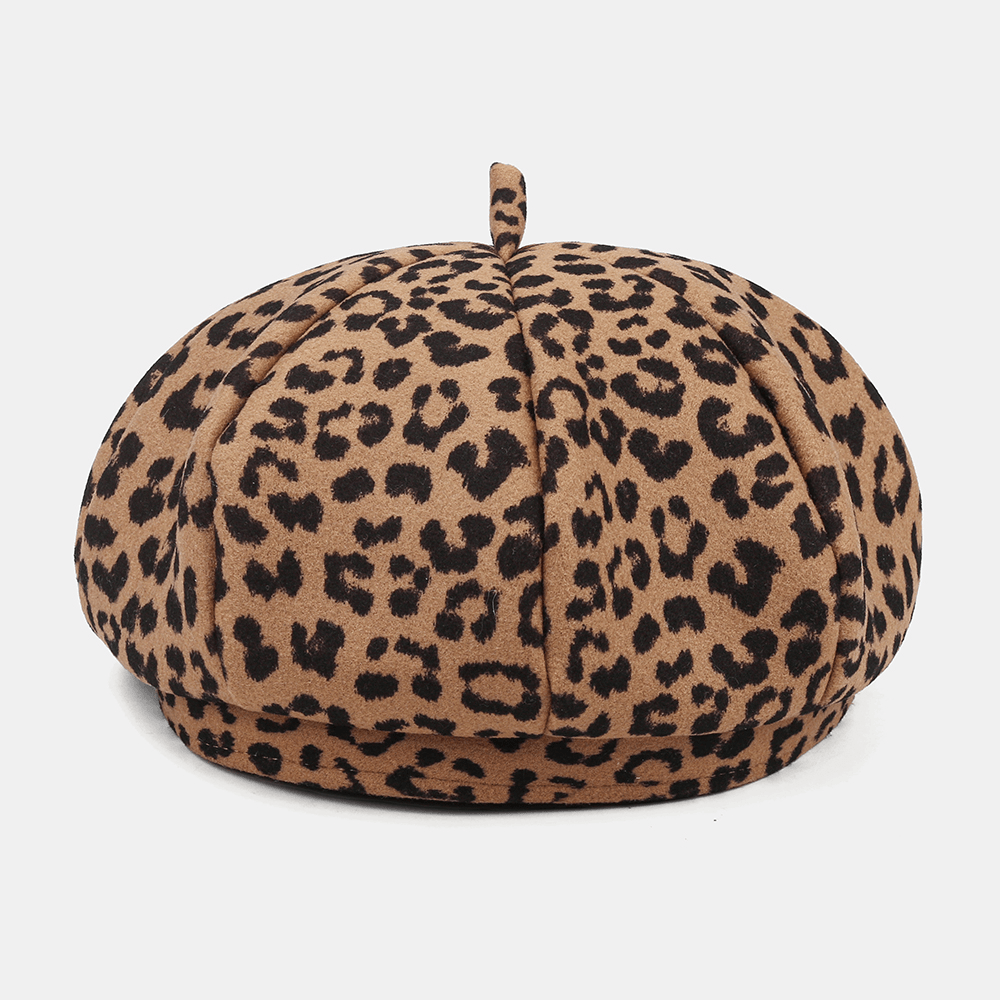 Women Woolen Warm Young All-Match Leopard Pattern Painter Hat Newsboy Hat Octagonal Hat Beret Hat - MRSLM