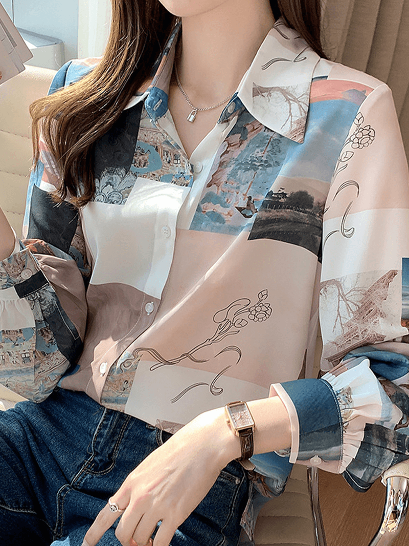 Women Block Landscape Print Long Sleeve Lapel Casual Blouse - MRSLM