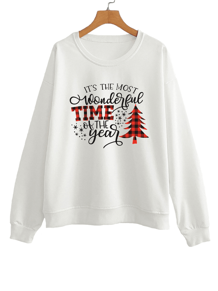 Women Christmas Letter Print O-Neck Drop Shoulder Loose Pullover Sweatshirts - MRSLM