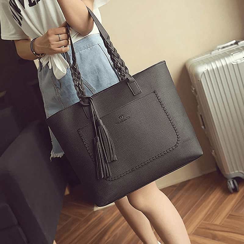 Women Solid Faux Leather Tassel Tote Bag Large Capacity - MRSLM