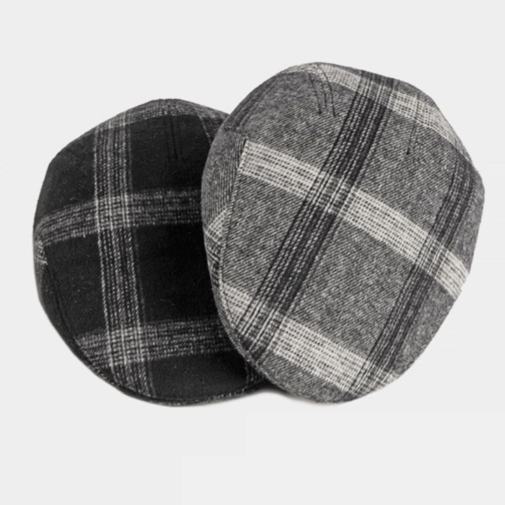 Men Felt Ear Protection Winter Outdoor Plaid Pattern Warm Universal Beret Hat Forward Hat - MRSLM