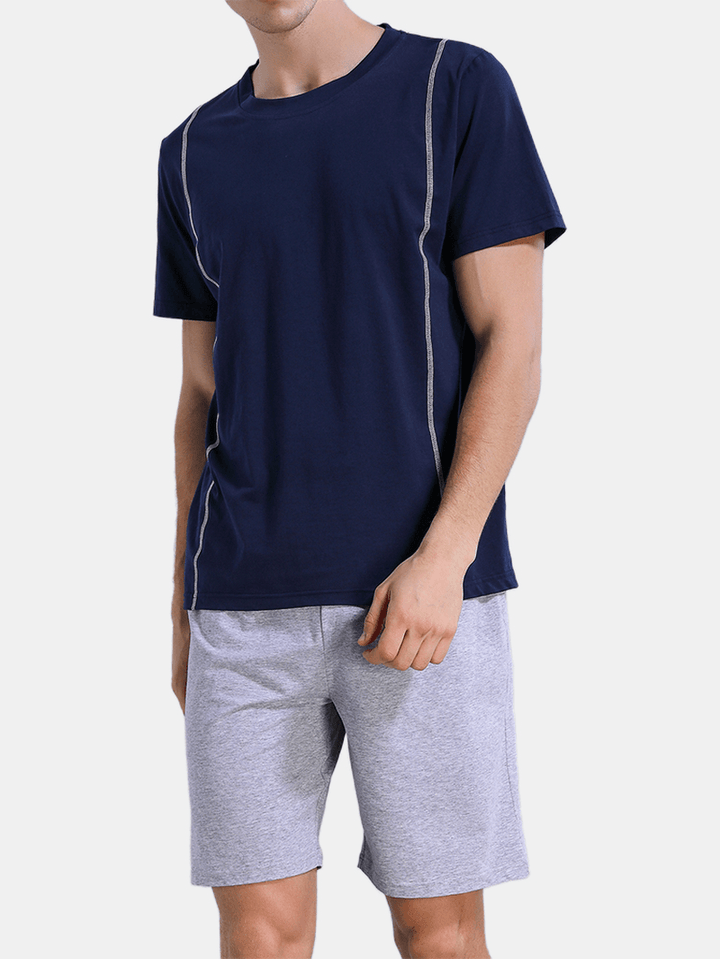 Men Solid Color Short Sleeve Crew Neck Blouse Pocket Shorts Home Sleepwear Two Pieces - MRSLM
