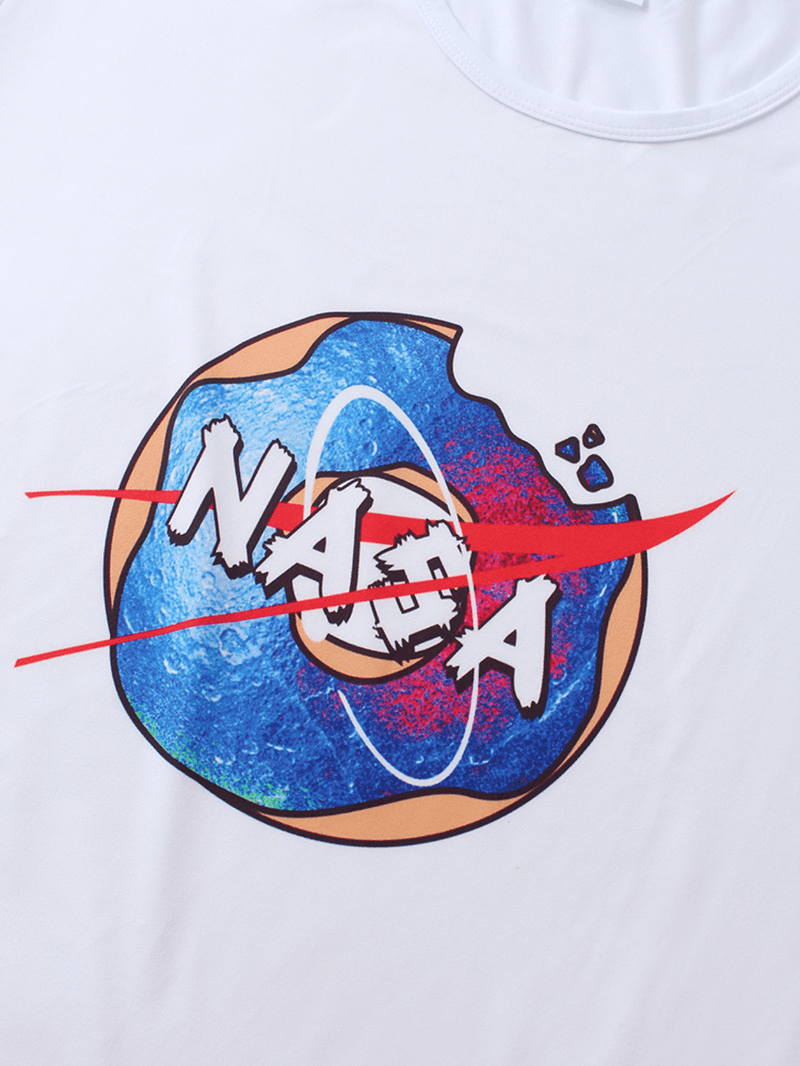 Mens 100% Cotton Astronaut Planet Print round Neck Casual Short Sleeve T-Shirts - MRSLM