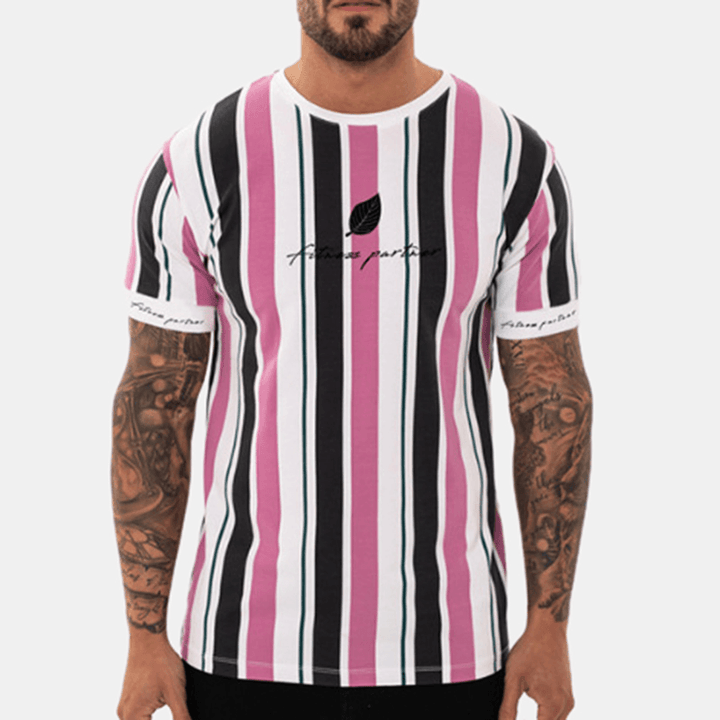 Men Vertical Stripe Short Sleeve Hawaiian T-Shirts - MRSLM