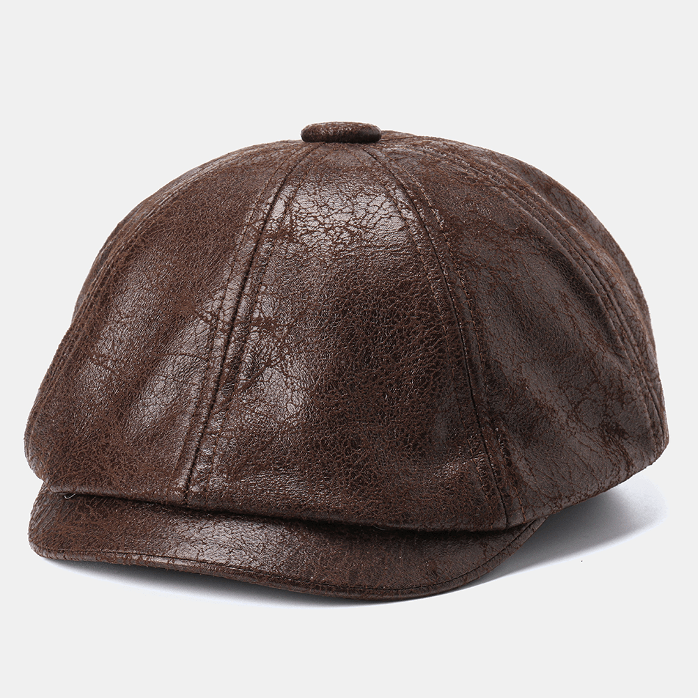 Men Cracked PU Leather Newsboy Hat Retro Beret Caps - MRSLM