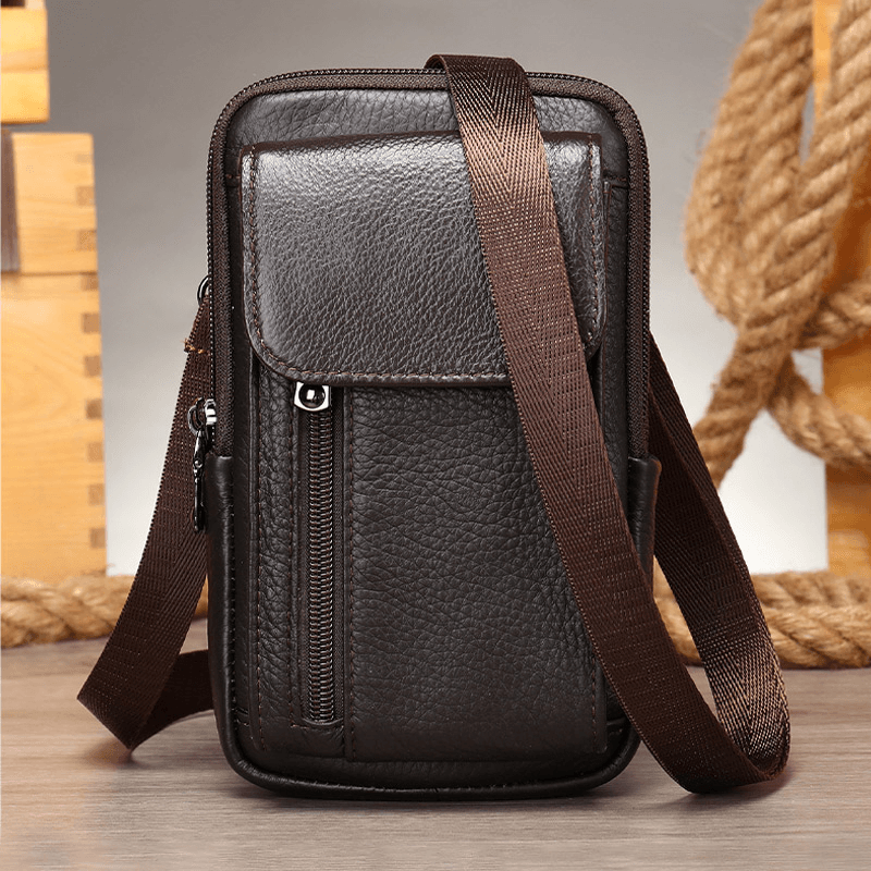 Men Retro Double Layer Cowhide Waist Bag Casual Wear-Resistant 6.5 Inch Phone Bag Belt Bag Crossbody Bag Shoulder Bag - MRSLM