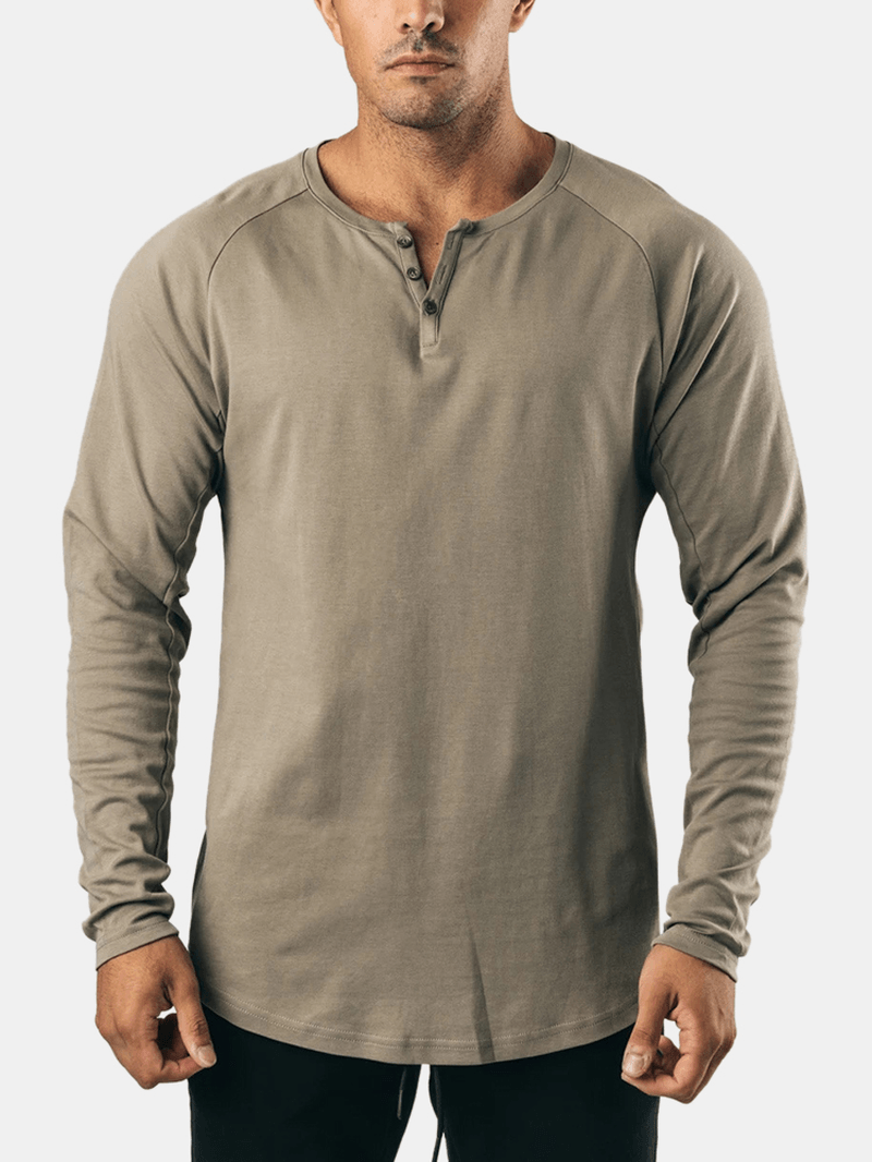 Mens Cotton Solid Color Button round Neck Long Sleeve Basic T-Shirt - MRSLM