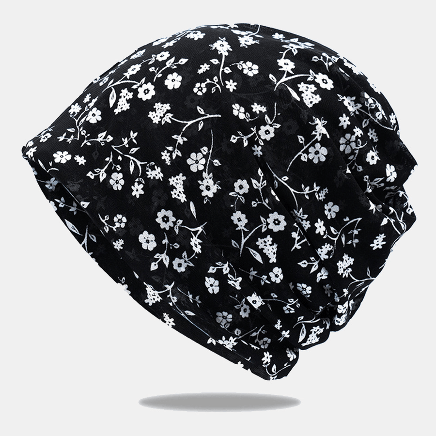 Women Thin Chiffon Breathable Baotou Hat Dual-Use Neck Protection Scarf Bib All-Match Floral Print Beanie Hat - MRSLM