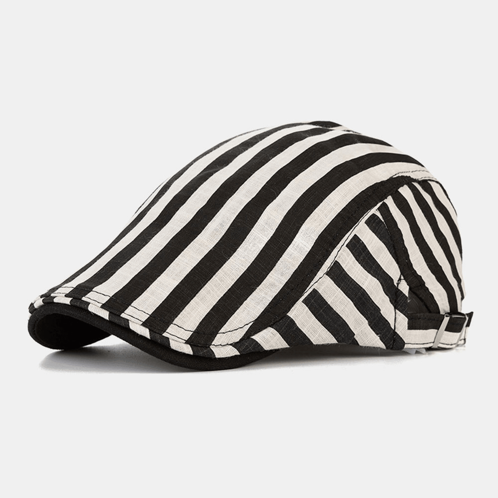 Men Cotton-Linen Striped Pattern Retro Forward Hat Flat Cap Beret Cap - MRSLM