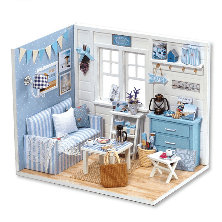 Creative DIY Handmade Assemble Doll House Miniature Furniture Kit with LED Effect Dust Proof Cover Toy for Kids Birthday Xmas Gift House Decoration - MRSLM