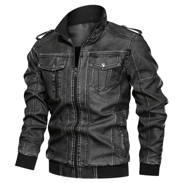 Mens Vintage PU Windproof Thickened Warm Casual Jacket - MRSLM