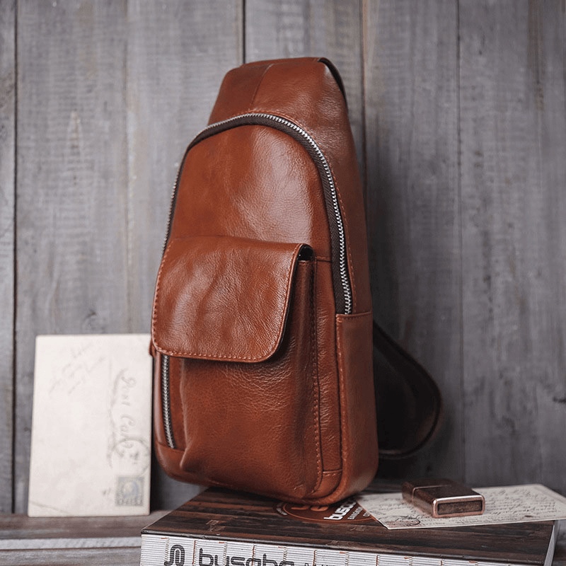 Men Genuine Leather Soft Waterproof Chest Bag Outdoor Sport Retro Large Capacity Crossbody Bags Shoulder Bag - MRSLM