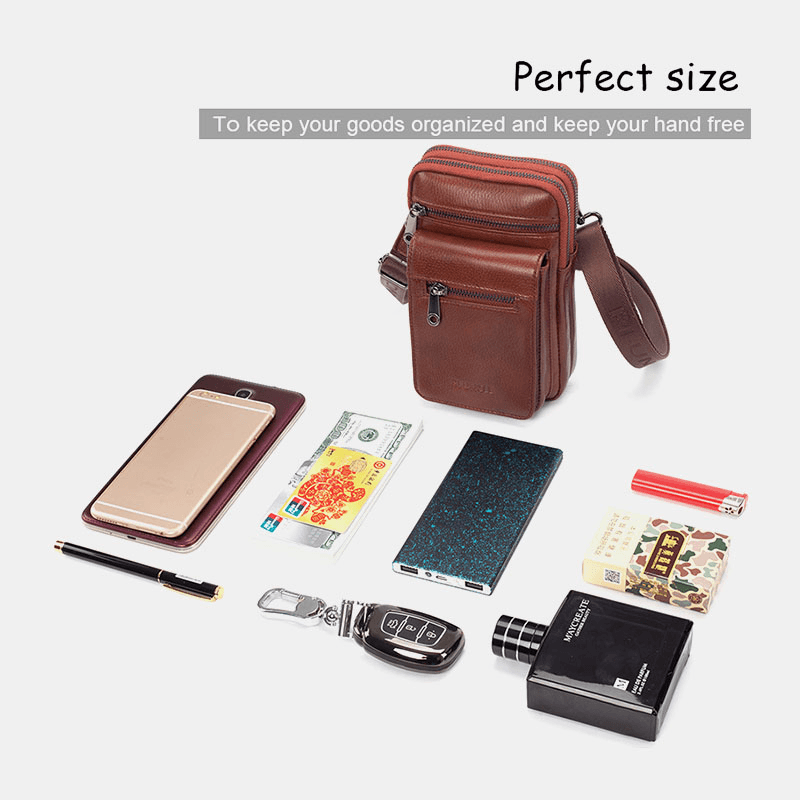 Men Genuine Leather Cowhide Multi-Carry Retro 7.2 Inch Phone Crossbody Bag Hanging Belt Bag Waist Bag - MRSLM