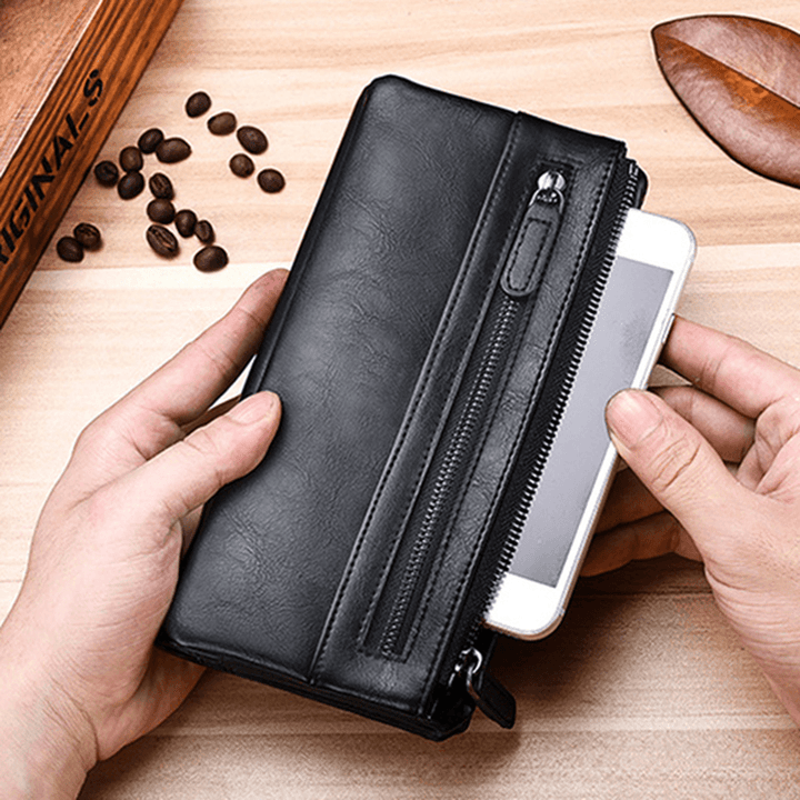 Men PU Leather Solid Long Phone Purse 11 Card Slot Wallet - MRSLM