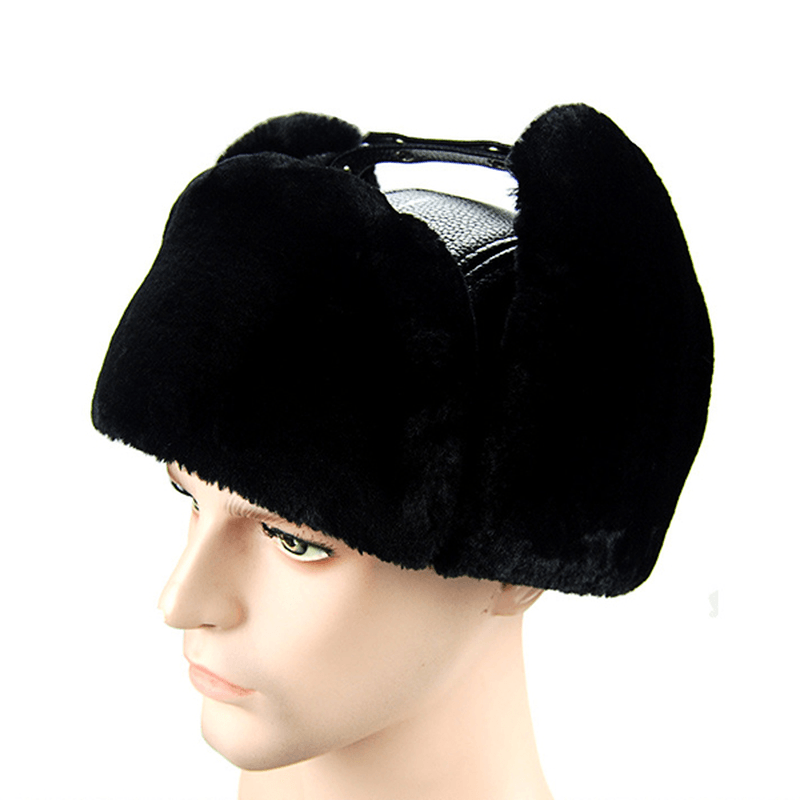 Unisex PU Leather Earflap Ear Muff Hat Faux Fur Plush Linen Buckle Pilot Trapper Cap - MRSLM