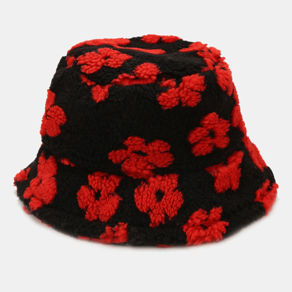 Unisex Floral Pattern Autumn Winter Outdoor Lambswool Warmth Sunshade Bucket Hat - MRSLM