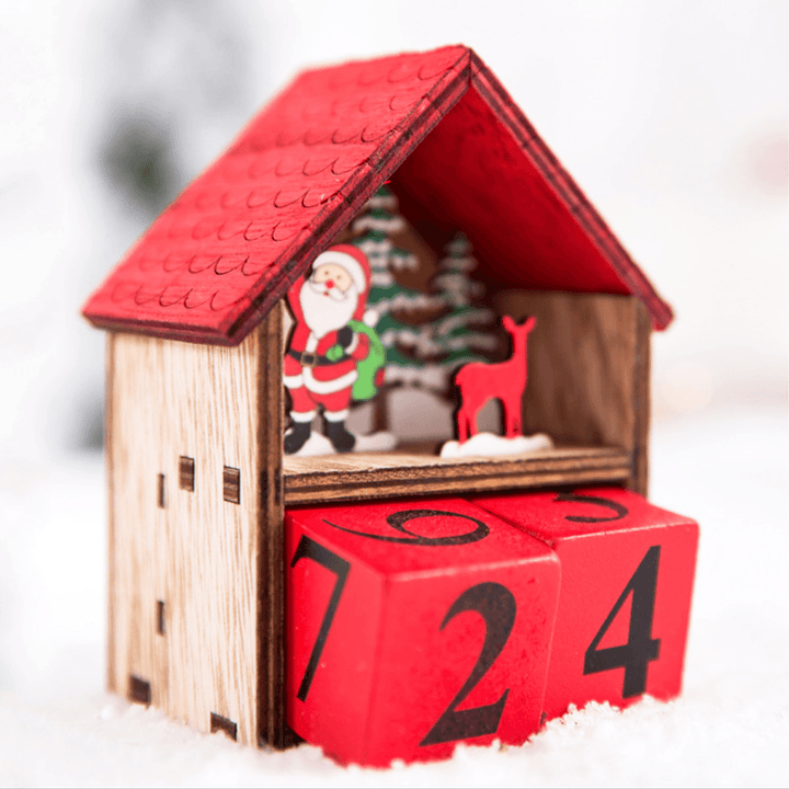 Christmas Advent Calendar LED Light up Wood House Santa Claus Snowman Home Decoration - MRSLM