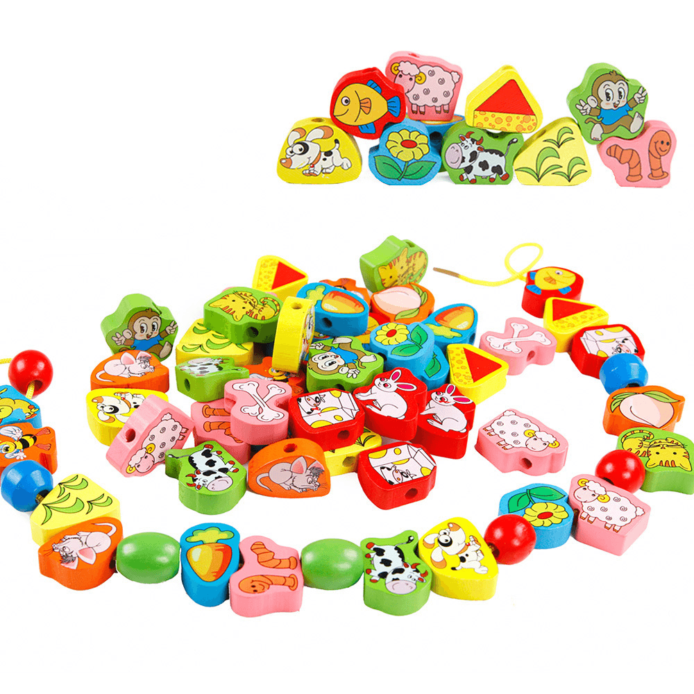 Wooden Early Education Fruit Animal Handmade Puzzle Beaded Stringing Toy - MRSLM