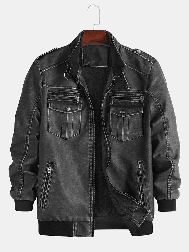 Mens Multi Pocket Zip-Up Windproof Warm Vintage PU Leather Jackets - MRSLM