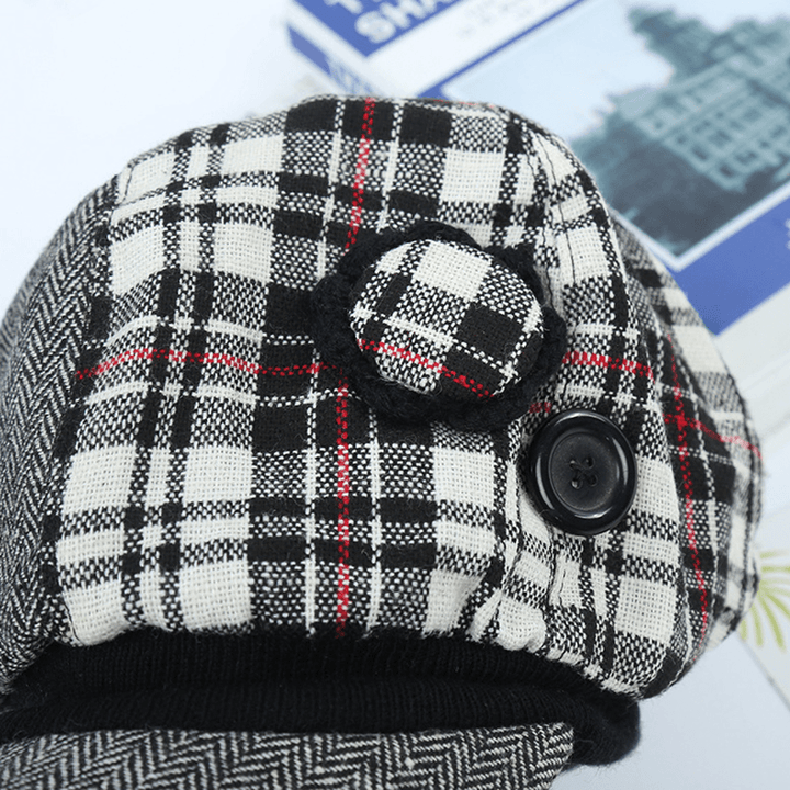 Women Retro Patchwork Stripe Plaid Beret Caps Winter Vintage Cotton Painter Newsboy Hat - MRSLM